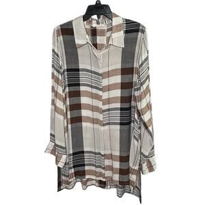 Soft Surroundings Button Up Woven Plaid Longline Lagen Look Tunic Size Large